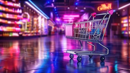 Shopping cart with neon colorful can be viewed in modern stores with copy space