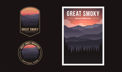 Set of Great Smoky Mountains National Park graphic illustration badge poster vector
