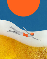 Girl orange swimsuit and cap swimming into wave of lager beer against abstract sun and sky background. Contemporary art collage. Concept of summer, vacation, relaxation. Retro style. Creative design