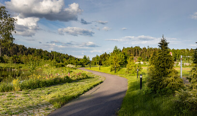 A paved path winds through a scenic park, surrounded by lush greenery and a sparkling pond. The sky is filled with fluffy clouds, casting shadows on the path below.