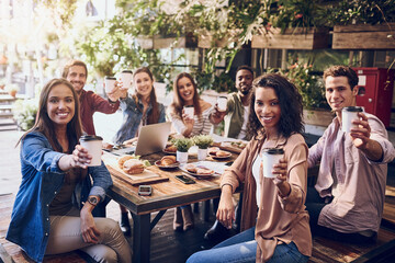Business meeting, team building portrait and work friends at cafe lunch planning, smile and sharing project ideas. People, restaurant and cheers with brunch, meal and creative afternoon break