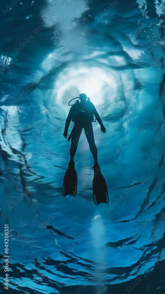 Poster silhouette of a scuba diver in the ocean with light beams filtering through the water. adventure and
