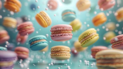 Colorful Macarons Floating Against A Blue Background