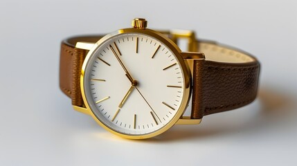 Elegant Golden Watch with Sleek Design and Leather Strap on Minimalist Background