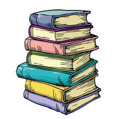 Stack colorful books cartoon style, education reading concept. Piled books various colored covers spines, handdrawn illustration. Vibrant stack library bookstore graphic