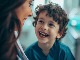 Fototapeta premium A young female doctor examine a cute little boy in a hospital with very cute happy face