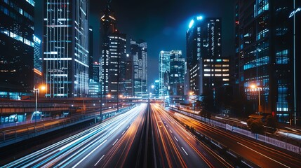 Fototapeta premium A long exposure shot of a busy highway at night in a city with tall buildings.