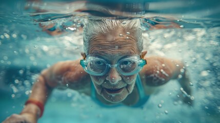 Fototapeta premium Old woman swimming, exercising, health concept