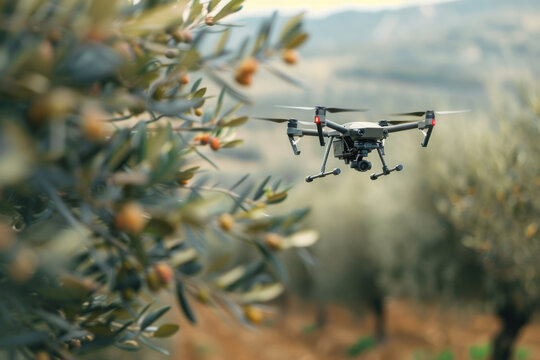 Drone checking and observing olive trees, Smart technologies in agriculture 