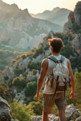 Naklejka premium Adventurous Young Man Hiking in Stylish Activewear with Mountain View in Background