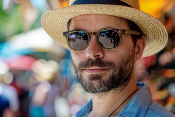 Stylish Summer Vibes: Man in Straw Hat and Sunglasses at Vibrant Market