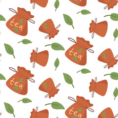 Pattern with eco-friendly tea in natural fabric, filled with crumbly leaf tea. Eco-friendly tea drinking, collection and storage of tea leaves. Reusable tea bag. Seamless on an environmental theme