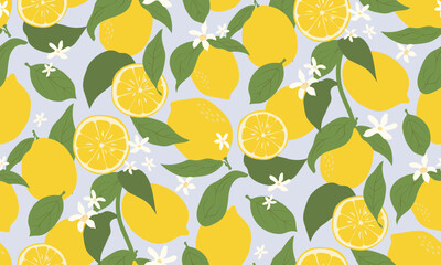 Seamless pattern of lemons and leaves on blue background. Cute hand drawn groovy citrus fruit design for fabric prints.