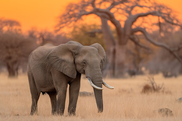 Fototapeta premium A lone, majestic elephant silhouetted against the golden dawn in Kruger National Park, South Africa. The timeless beauty of the African savanna unfolds with ancient baobab trees casting long shadows.