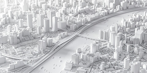 Birds Eye view of a modern city. Urban concept. White clay 3D rendering. Created with Generative AI technology.