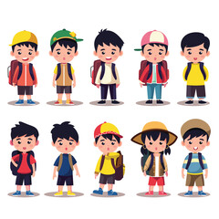 Diverse group cartoon school children ready school. Boys girls standing backpacks, various expressions, wearing hats, casual clothing. Happy, curious, pouting kids illustrated