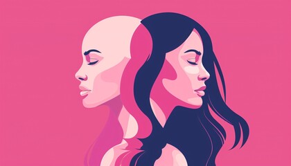 Flat Style Illustration of Womans Bald Head Reflection for Breast Cancer Awareness