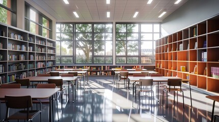 Spacious school library with panoramic window
