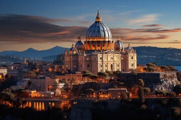 Fototapeta premium Vatican St. Peter's Basilica and Sistine Chapel under blue sky., generative IA