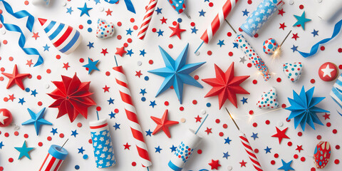 Unique Pattern of US Themed Confetti, Stars, and Decoration for 4th of July Celebration