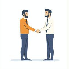 Two men shaking hands friendly greeting, both wearing business attire, one orange sweater white shirt. Adult male characters engaging handshake, suggesting business deal partnership, professional