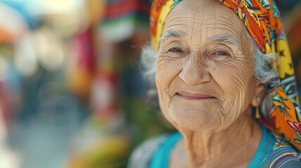 Obraz premium Happy elderly grandmother outdoors at the market with copy space