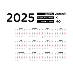 Zambia Calendar 2025. Week starts from Monday. Vector graphic design. English language.