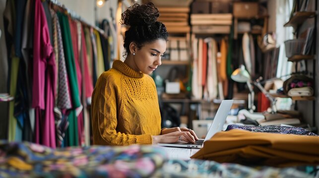 Fashion designer woman and typing on laptop in shop for email project or online order of fabric in creative startup Serious tailor computer and small business for clothes or textile in : Generative AI