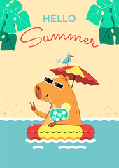 Capybara with a cocktail and an umbrella on a swimming ring resting in the pool.Vacation at sea.Hello summer poster.Vector stock illustration.