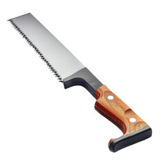 Professional hand saw with wooden handle and sharp steel blade for woodworking and carpentry projects, isolated on white background.