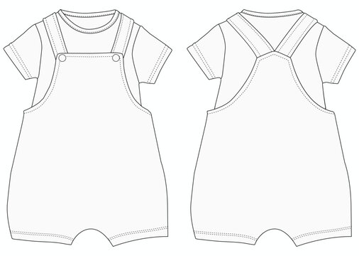 Infant Baby dungaree fashion flat sketch With T-Shirt template boys and girls dungaree 