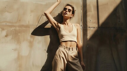 Obraz premium fashionable woman in beige tank top and pants posing in sunlight and looking at camera on grey : Generative AI