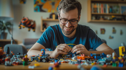 Exploring Kidult Phenomenon: Man in His 30s Enjoying Children's Toys in a Cute Hoodie
