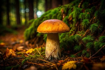 White mushroom porcini in the forest among branches and leaves
