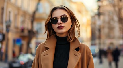 Obraz premium Stylish young woman in sunglasses and a chic coat poses outdoors on a city street exuding elegance and autumn fashion vibes : Generative AI