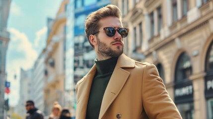 Fototapeta premium Man pride and property in street with sunglasses for fashion style and trendy in outdoor Male person real estate and agent in town for work corporate or career in mens wear in city bac : Generative AI