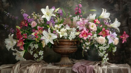 Flowers in an old vase, including roses and lilies, arranged elegantly on a table with soft lighting, set against a dark gray velvet background creating a moody atmosphere.