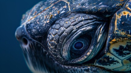 Obraz premium The eye of a sea turtle, with a close-up view of the scales and patterns on its head.