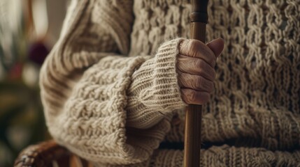 The elderly hand on cane