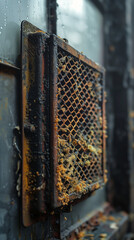Close-up view of a dusty air intake vent with a filter, showing the accumulation of dust and debris over time.
