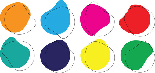 Organic amoeba blob shape abstract color with line vector illustration isolated on transparent background. Set of irregular round blot form graphic element. Doodle drops with outline circle .eps10