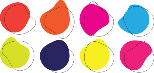 Organic amoeba blob shape abstract color with line vector illustration isolated on transparent background. Set of irregular round blot form graphic element. Doodle drops with outline circle .eps10