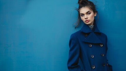 fashion portrait of young elegant woman in blue coat on blue background : Generative AI