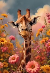 A happy giraffe in a zoo full of flowers..