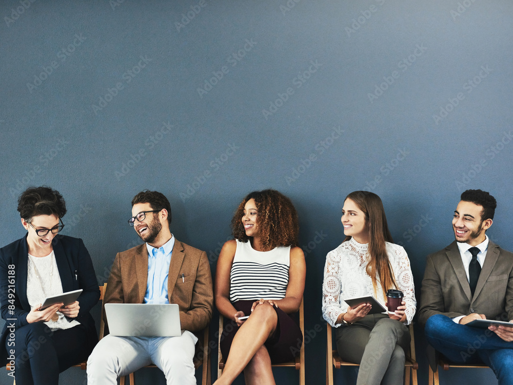 Poster business, employees and office queue with devices, connection and tech with people for online networ