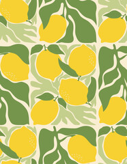 Retro groovy citrus  fruit design for fabric prints. Aesthetic lemons and leaves composition seamless pattern. Vector illustration.