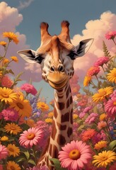 A happy giraffe in a zoo full of flowers..