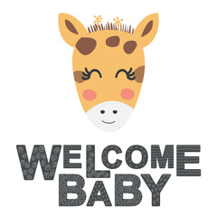 Cute face of an animal with lettering. Scandinavian style and pastel palette. baby posters, cards, clothes, childrens rooms