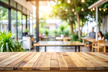 Empty wood tabletop or counter with display product. Blur image of outdoor coffee shop background. Display product background concept.