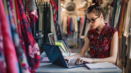 Obraz premium Fashion designer woman and typing on laptop in shop for email project or online order of fabric in creative startup Serious tailor computer and small business for clothes or textile in : Generative AI